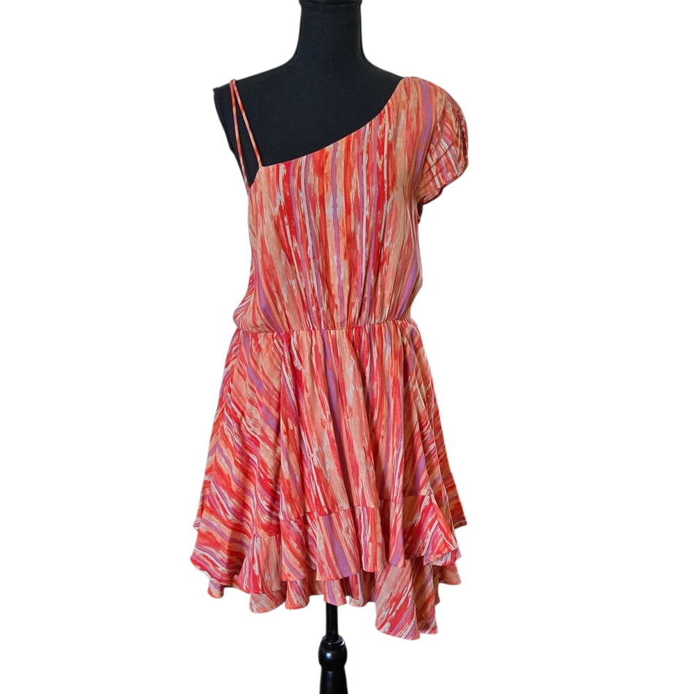 Orange Purple Abstract One Shoulder Asymmetrical Tiered Ruffle Mini Dress Womens